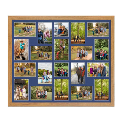 AK Frames 80X70Cm Oak Modern Multi Photo Frame With Blue Mount - Holds 20 Apertures (18X) 6X4, (2X) 4X4 Photos - image 1