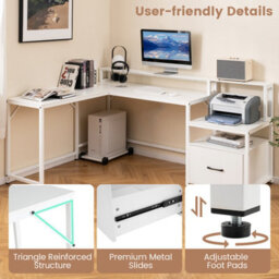 Costway L-Shaped Computer Desk With Power Outlet Home Office Desk With Monitor Shelf - thumbnail 4