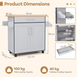 Costway Kitchen Island Cart W/ Lockable Wheels Mobile Trolley W/ 2-Door Cabinet-Grey - thumbnail 3