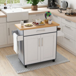 Costway Kitchen Island Cart W/ Lockable Wheels Mobile Trolley W/ 2-Door Cabinet-Grey - thumbnail 1