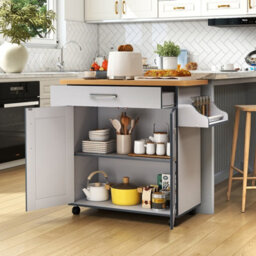 Costway Kitchen Island Cart W/ Lockable Wheels Mobile Trolley W/ 2-Door Cabinet-Grey - thumbnail 4