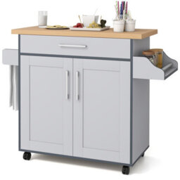 Costway Kitchen Island Cart W/ Lockable Wheels Mobile Trolley W/ 2-Door Cabinet-Grey - thumbnail 2