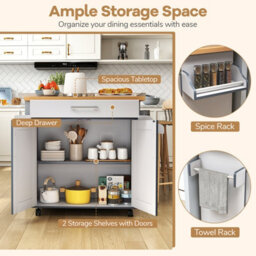 Costway Kitchen Island Cart W/ Lockable Wheels Mobile Trolley W/ 2-Door Cabinet-Grey - thumbnail 6