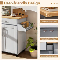 Costway Kitchen Island Cart W/ Lockable Wheels Mobile Trolley W/ 2-Door Cabinet-Grey - thumbnail 9