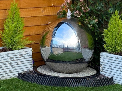 Outdoor Living UK 50Cm Stainless Steel Sphere Modern Metal Mains Plugin Powered Water Feature - image 1