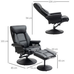 Homcom Pu Leather Swivel Recliner Armchair With Ottoman, Black - thumbnail 3