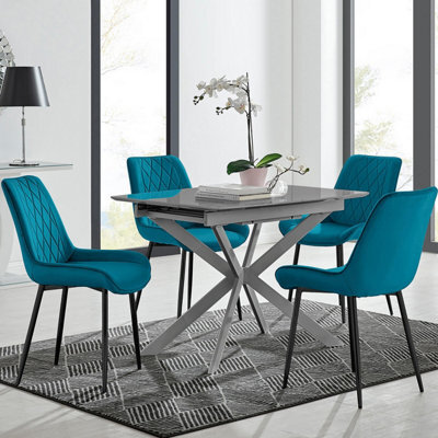 Furniturebox Uk Lira 100Cm Grey Metal Extending Dining Table & 4 Blue Pesaro Black Leg Chairs - image 1