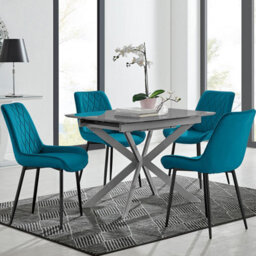 Furniturebox Uk Lira 100Cm Grey Metal Extending Dining Table & 4 Blue Pesaro Black Leg Chairs - thumbnail 1