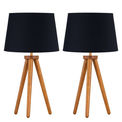 First Choice Lighting Set Of 2 Dark Oak Table Lamp Or Bedside Lights With Black Shades - image 1