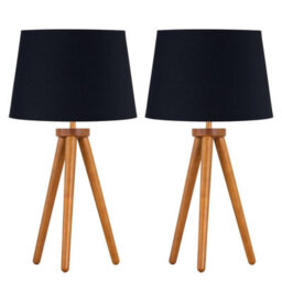 First Choice Lighting Set Of 2 Dark Oak Table Lamp Or Bedside Lights With Black Shades - thumbnail 1