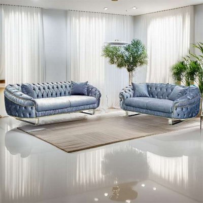 Sliding Wardrobes 4 u LTD Cumesh 3+2 Plush Velvet Chesterfield Sofa Set Available In 3 Colors - Grey 3+2 - image 1