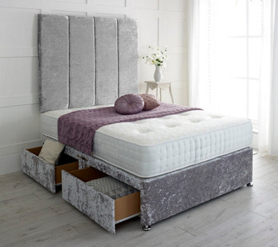 "Adore Designs Stafford Crushed Velvet Divan Bed, With Pocket Mattress & 36"" Headboard - 4Ft Small Double - Silver - 2 Drawers Same Side"