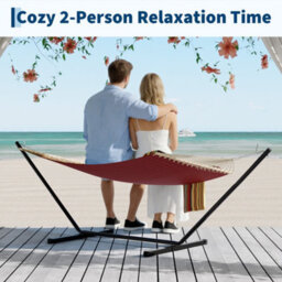 350Cm Double Quilted Fabric Hammock For 2 People, Detachable Pillow, No Frame, Red And Yellow Stripes - thumbnail 2