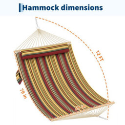 350Cm Double Quilted Fabric Hammock For 2 People, Detachable Pillow, No Frame, Red And Yellow Stripes - thumbnail 5