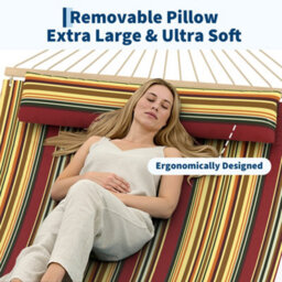 350Cm Double Quilted Fabric Hammock For 2 People, Detachable Pillow, No Frame, Red And Yellow Stripes - thumbnail 6