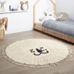 Wyld And Coco Luxenest Round Cotton Rug 140Cm Beige Lion Print With Tassel Mane Boho Kids Living Room - thumbnail 2