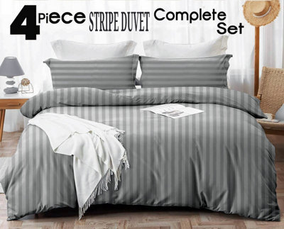 Ameha Grey Striped Microfibre Bedding Set King, Reversible & Breathable Duvet Cover, Fitted Sheet & Pillowcases - image 1