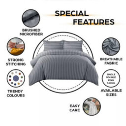 Ameha Grey Striped Microfibre Bedding Set King, Reversible & Breathable Duvet Cover, Fitted Sheet & Pillowcases - thumbnail 3