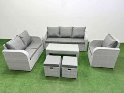 Fimous Pe Wicker 8 Seater Outdoor Rattan Furniture Sofa Sets Coffee Table Reclining Chair Loveseat Sofa Stool Light Grey