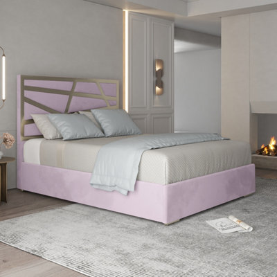 Arabella Upholstered Soft Velvet Metal Pink Bed Frame - image 1