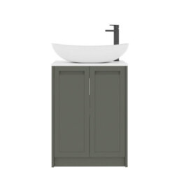 Royal Bathrooms Royal Bathroom Elmore 600mm Matt Green Freestanding Countertop Bathroom Vanity Unit 2 Door Plain White Worktop With Cesar Basin - thumbnail 7