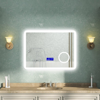 AVER-GROWTH Led Bathroom Mirror With Bluetooth 3 Colour Light, Demister Anti-Fog 3X Magnifying Clock Touch/wall Switch Illuminated 800X600mm - image 1