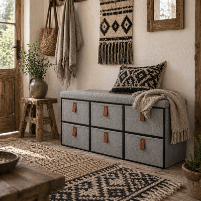 Wyld Haus Taelha Light Grey Fabric Shoe Bench - Cushioned Seat And 6 Fabric Drawers - image 1