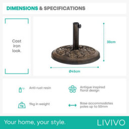 Livivo Parasol Base 9Kg Garden Umbrella Base Stand Floral Design Heavy Duty Resin For Parasol Poles Up To 50mm - thumbnail 5