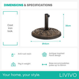Livivo Parasol Base 9Kg Garden Umbrella Base Stand Floral Design Heavy Duty Resin For Parasol Poles Up To 50mm - thumbnail 9