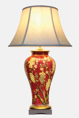 Downton Interiors Red Floral Oriental Chinese Ceramic Porcelain Table Lamp With Light Shade - image 1