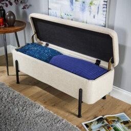 Home Source Oasis Off White Linen Ottoman With Black Metal Legs - thumbnail 5