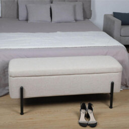 Home Source Oasis Off White Linen Ottoman With Black Metal Legs