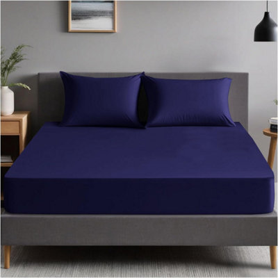 Gc Gaveno Cavailia Plain Dyed Fitted Bedsheet Double Navy Super Soft & Comfy Non Iron Fitted Sheet - image 1