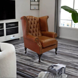Chesterfield High Back Wing Chair Old English Bruciato Leather Bespoke In Queen Anne Style - thumbnail 4