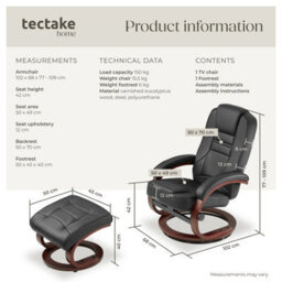 Tectake 1 Armchair And Stool William - Adjustable Backrest, Swivelling, 150 Kg Load Capacity  - Black/brown - thumbnail 6