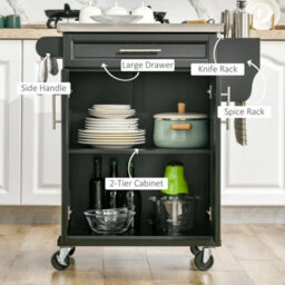 Homcom Rolling Kitchen Cart Storage Trolley With Drawer Towel Rail Steel Black - thumbnail 4