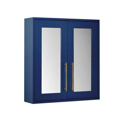 Homestylestore 600 X 650mm Navy Blue Wall Mounted Mirrored Door Bathroom Cabinet And Aged Gold T Bar Handles - image 1