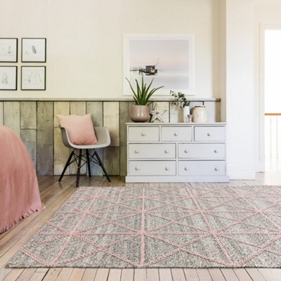 Pink Handmade Wool Luxurious Geometrical Chequered Modern Easy To Clean Rug For Living Room, Bedroom - 200Cm X 290Cm