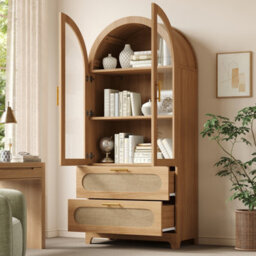 Btm Display Case With Montmartre Archx2, 175X80X40Cm, Bookcase With 2 Drawers & Adjustable Shelves, Retro Design, Oak Color - thumbnail 3