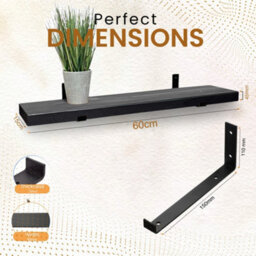 MKGT Narrow Rustic Shelf, 15Cm Deep Solid Wood Wall Shelf With Black Brackets (Black, 60Cm) - thumbnail 2