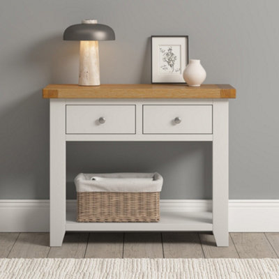 Seconique Windsor 2 Drawer Console Table Ivory With Oak Top Fully Assembled Solid Wood Hall Table - image 1