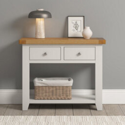 Seconique Windsor 2 Drawer Console Table Ivory With Oak Top Fully Assembled Solid Wood Hall Table