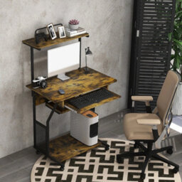 Brown Rolling Computer Desk With Keyboard Tray Storage Shelves