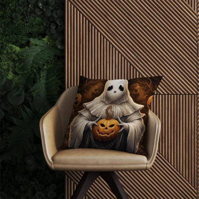 Warren Reed Designer Spooky White Ghost Holding Pumpkin Outdoor Cushion 60Cm X 60Cm