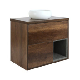 Homestylestore Dark Oak 800mm Led Lit Wall Hung Bathroom Vanity Unit Round Chalk Countertop Basin Open Shelf - thumbnail 1