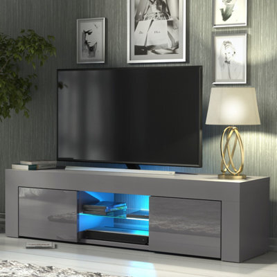 Tv Unit Loom 130Cm - Dark Grey With Gloss Doors And Led Lights - image 1