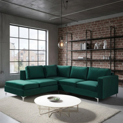 Orlando Velvet Living Room Corner Sofa Metal Legs Freestanding Upholstered Back 2355Cm 212Cm 85Cm Green Left - image 1