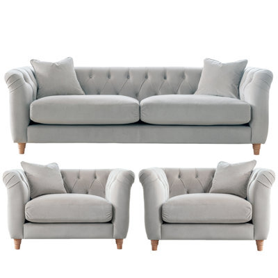 Furnishings For Less UK Elsie Velvet Chesterfield Plush Velvet Chalk 3 Seater + 2X Armchair Set - image 1