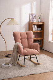 Matteo Mid Century Modern Pink Teddy Fabric Rocking Chair With Ergonomic Padded Seat For Living Rooms - thumbnail 6