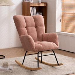 Matteo Mid Century Modern Pink Teddy Fabric Rocking Chair With Ergonomic Padded Seat For Living Rooms